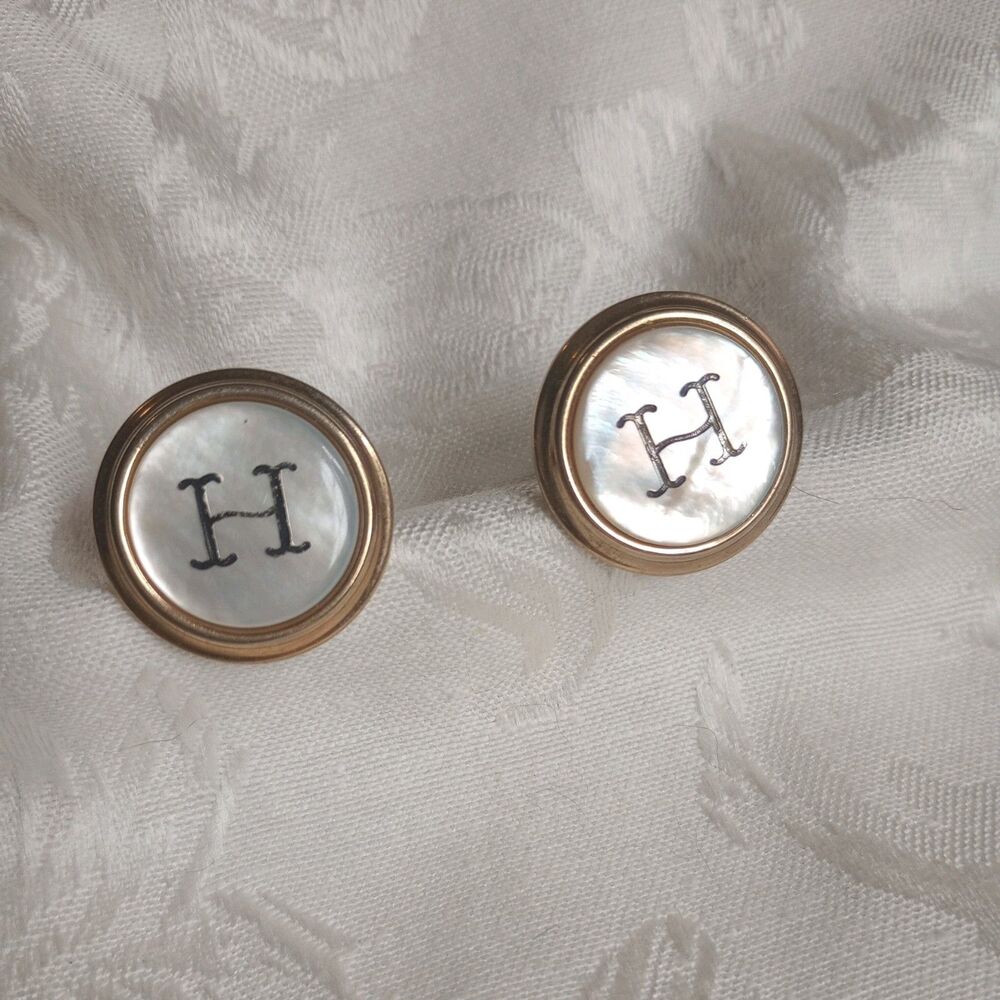 Vintage Mother of Pearl monogram H Button style Goldtone 1in  Cufflinks
